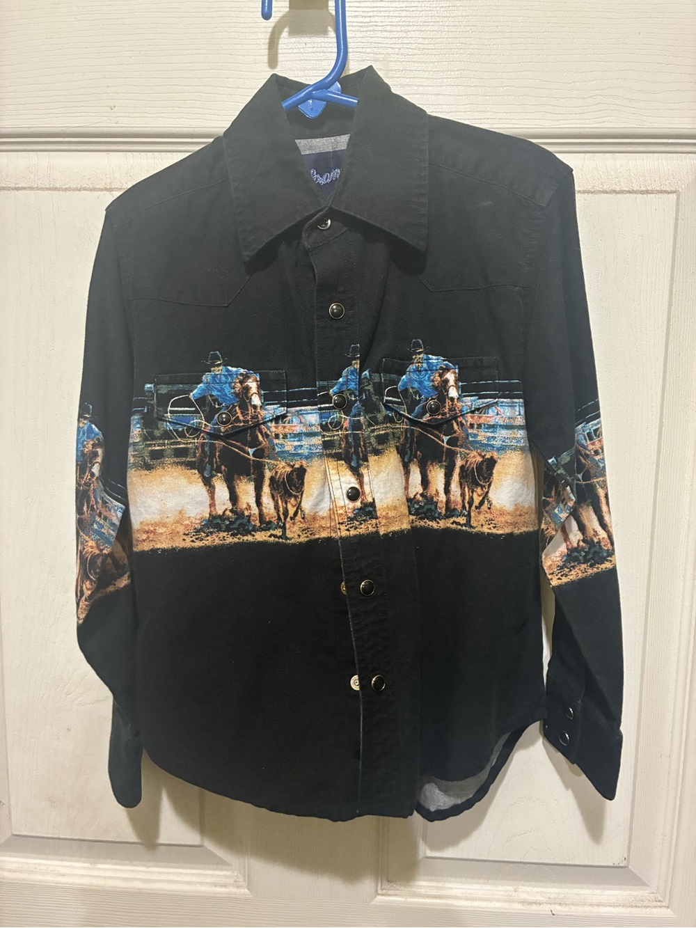 Wrangler Black Western Button-Down Shirt with Blue and Tan Rodeo Print